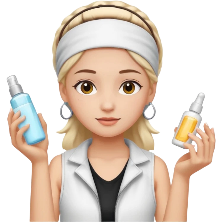 Clean girl aesthetic emoticons, apply skincare products, headband, glowing skin, white vest, soft lighting emoji