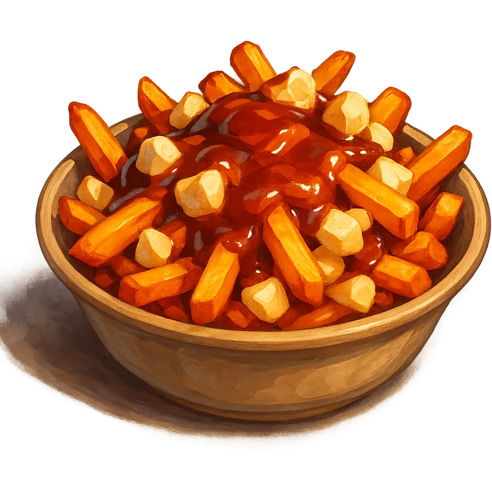 В слега рисованном, но при этом ярком и объемном стиле сгенерируй картинку сочного американского канадского блюда путин, профессионально выставленный свет, который подчеркивает объем, прозрачный фон emoji