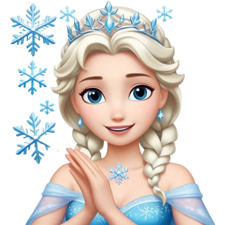 Cinematic Elegant Elsa Portrait Emoji, Standing gracefully with snowflakes forming in her hands, a soft yet confident smile, frosty shimmer surrounding her, a queen in perfect icy splendor! emoji
