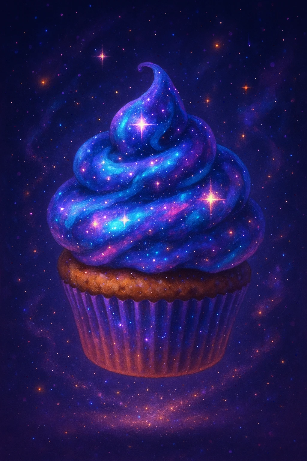enchanting cupcake with cosmic galaxy icing, floating gently, surrounded by stardust, magical and cute emoji