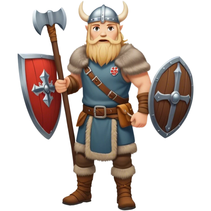 full-length Norwegian Viking with shield and axe full cloathed emoji