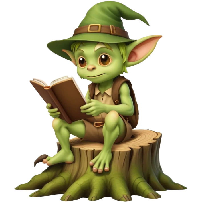 Goblin with hat reading a book sat on a tree stump emoji