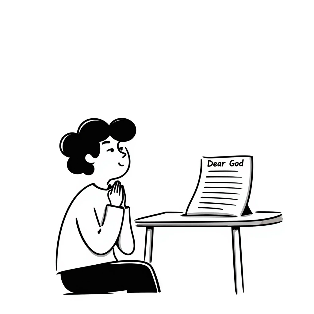 Person with prayer hands next to a paper that clearly shows "Dear God" written at the top of an essay emoji