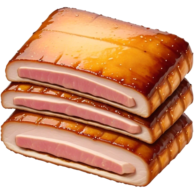 Cinematic tender pork belly, slow-roasted to perfection, crispy caramelized edges, glistening with juices, sliced into thick, rich layers, warm golden tones, luxurious and indulgent. emoji