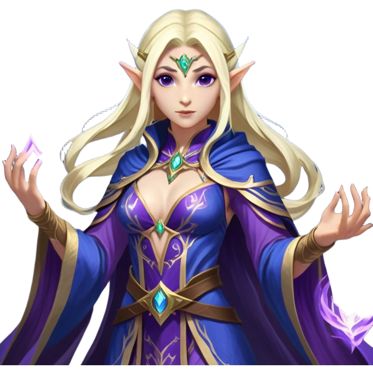 Cinematic Realistic WoW Elf Mage Portrait, captured in a dynamic, battle-ready stance, her graceful form exuding raw arcane energy. Her luminous skin and delicate features, set against an intricately detailed robe in consistent deep blues and purples with golden accents, are rendered with lifelike texture and dynamic, magical lighting, high shine, fierce and commanding, embodying the relentless spirit of an elven sorceress mid-spell. emoji