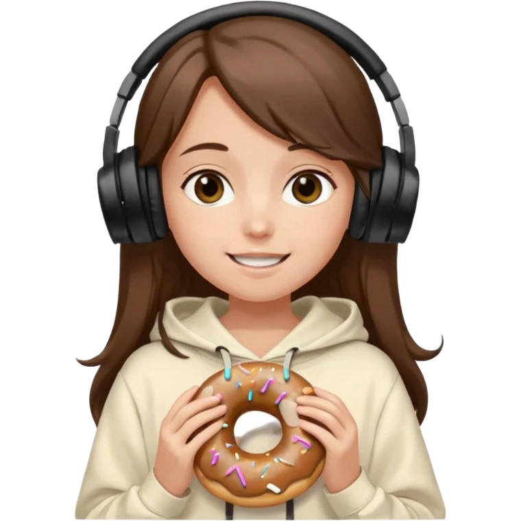 a girl with long brown hair green and wearing black headphones she is wearing a cream coulor baggy hoddie she is happyish holding a donut emoji
