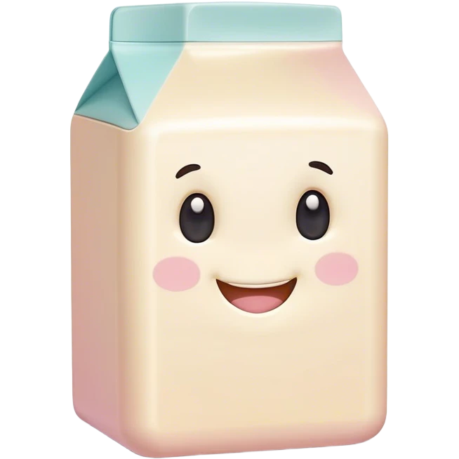 Cinematic adorable milk carton, soft pastel colors, tiny rounded edges, chubby smiling face, warm glowing highlights, gently tilting in a playful pose. emoji