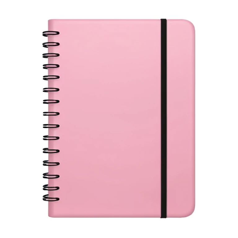 regular notebook, extremely light pink cover, closed, minimal, hint of apple emoji style emoji