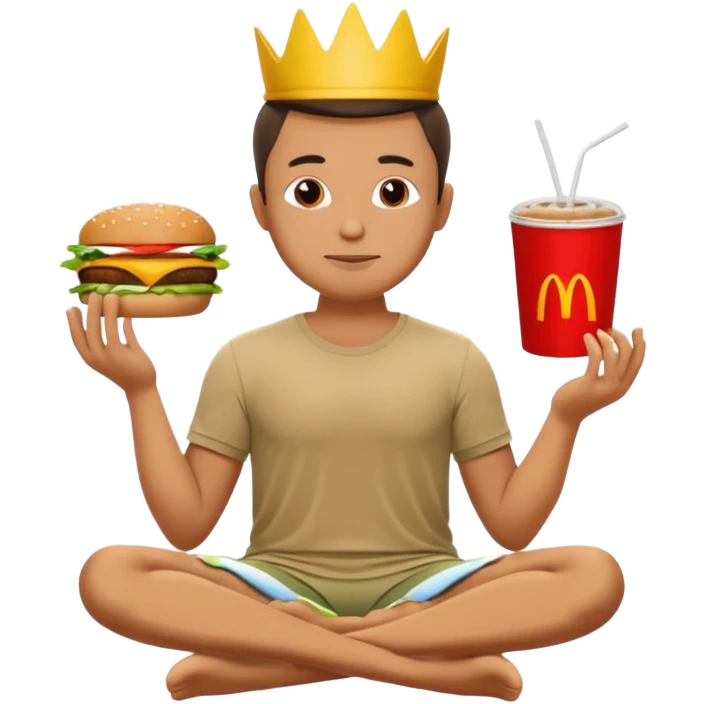 man in lotus pose eating McDonalds burger and fries emoji