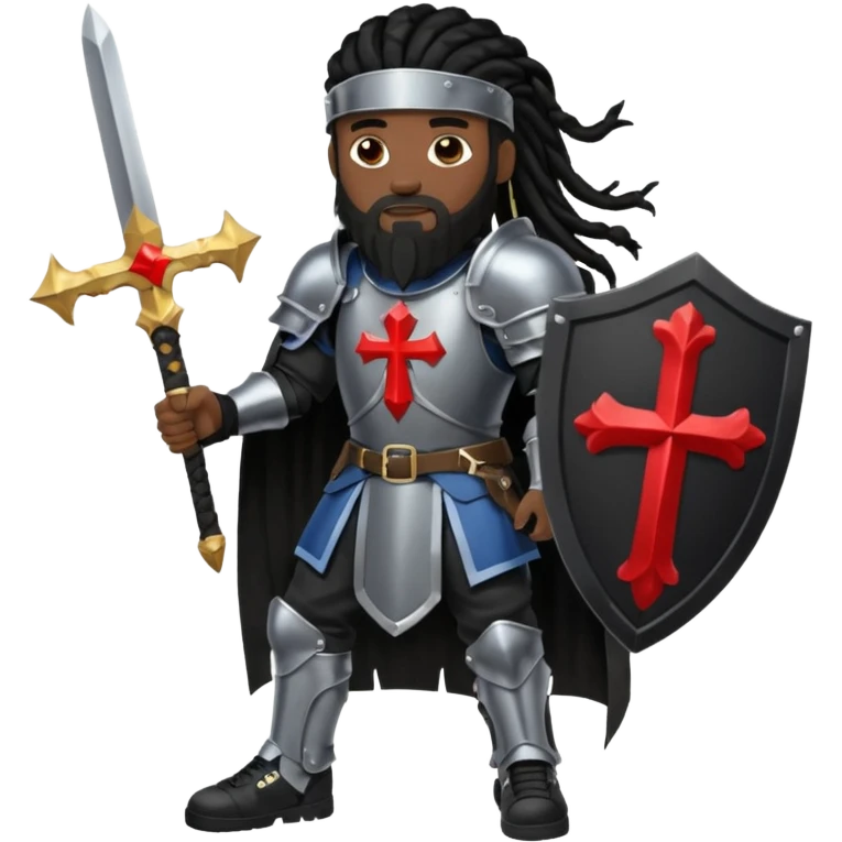 African American with long black dreadlocks with black beard wearing a black knight amour wearing wearing black Air Force 1 low top shoes holding a shield with cross on it and a double edge sword emoji