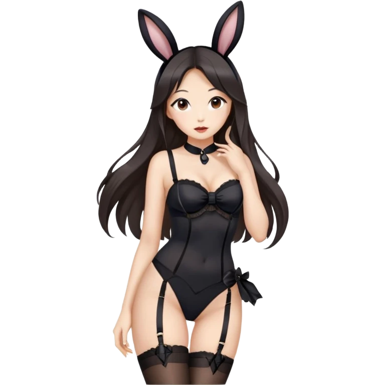 Beautiful Asian woman with full lips, long flowing hair and brown eyes, intimate, sfw black nylon stocking and garter belt, standing pose, wearing black rabbit ears, sfw emoji