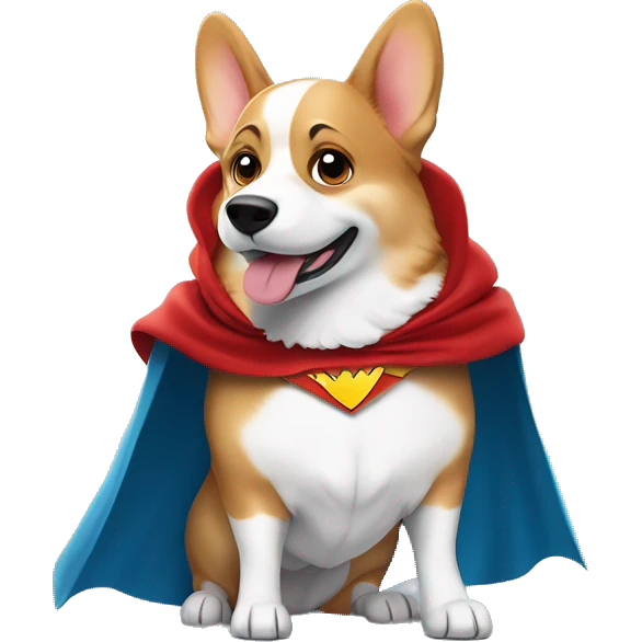Brave Welsh corgi in a superhero cape, proudly raising one paw, looking heroic and ready to save the day in a cute cartoon style! emoji