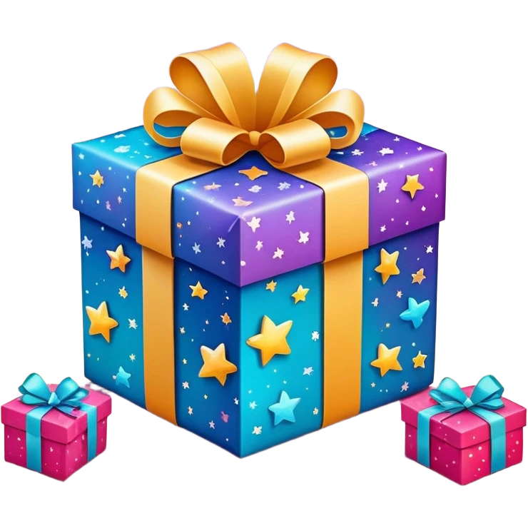 cute gift box with sparkling stars and hearts, smiling wrapping paper, vibrant colors, joyful and romantic mood emoji