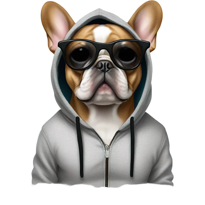 French bulldog wearing a hoodie with sunglasses emoji