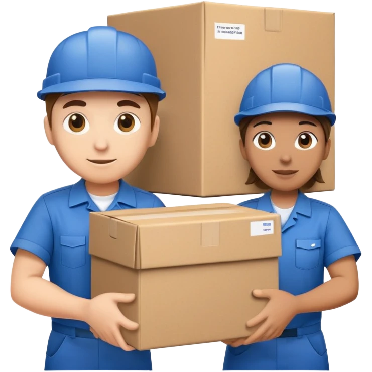 two workers in blue work uniforms and caps carrying a large box, alternate expression emoji