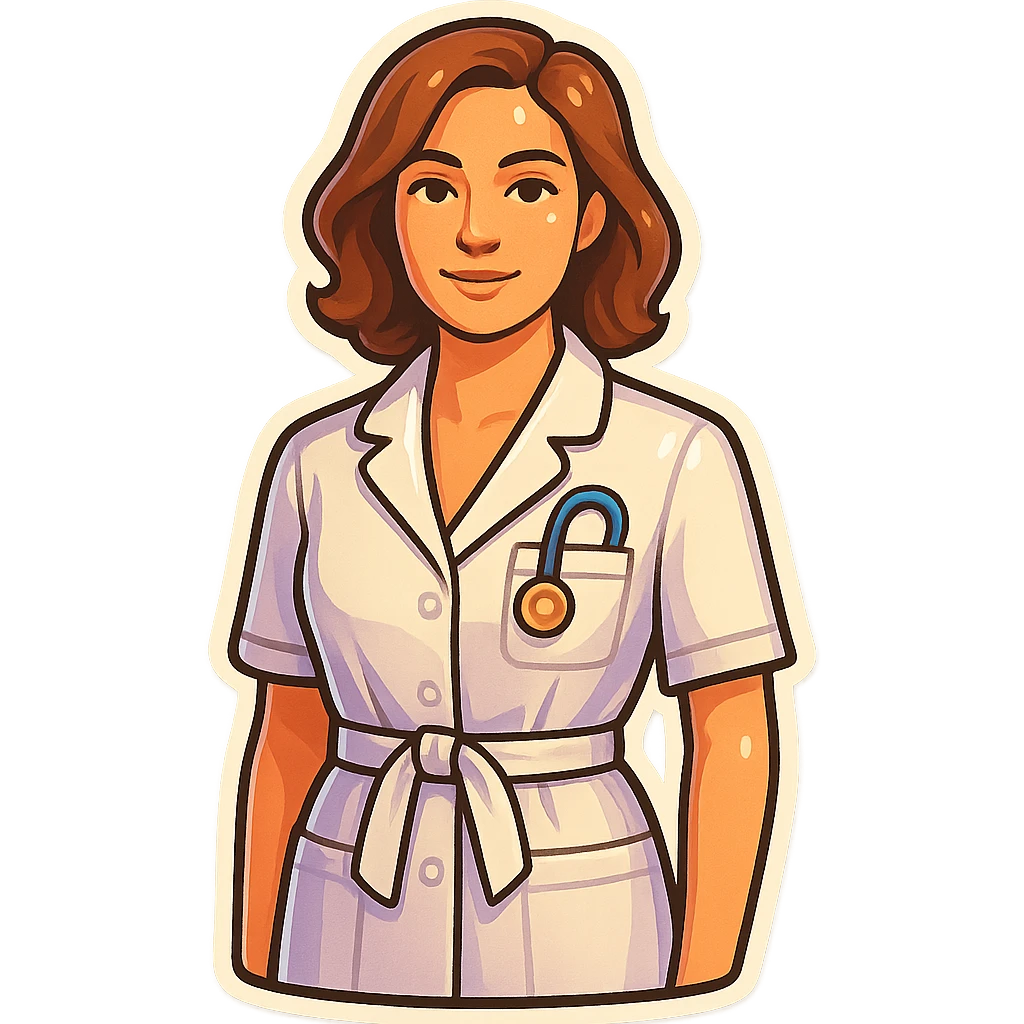 female medical coat with belt, front view, straight angle, looking at camera, retro stickers style, soft rounded shapes, clean contours, pastel palette, detailed shadows and highlights, modern illustration, transparent background emoji