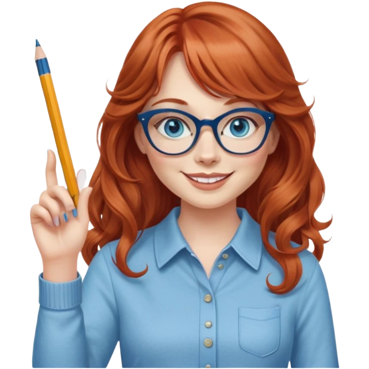 redheaded woman with very long wavy hair and bangs, blue eyes, clear cat-eye glasses, casual chic outfit, holding a pencil, smiling, waving emoji