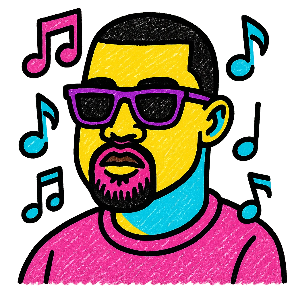 pop art style portrait of Kanye West, bold colors, music theme emoji