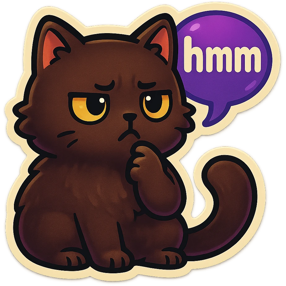 a dark-brown fluffy cute kawaii anime cat thinking frowning thoughtfully, saying “hmm” with a purple speech bubble emoji