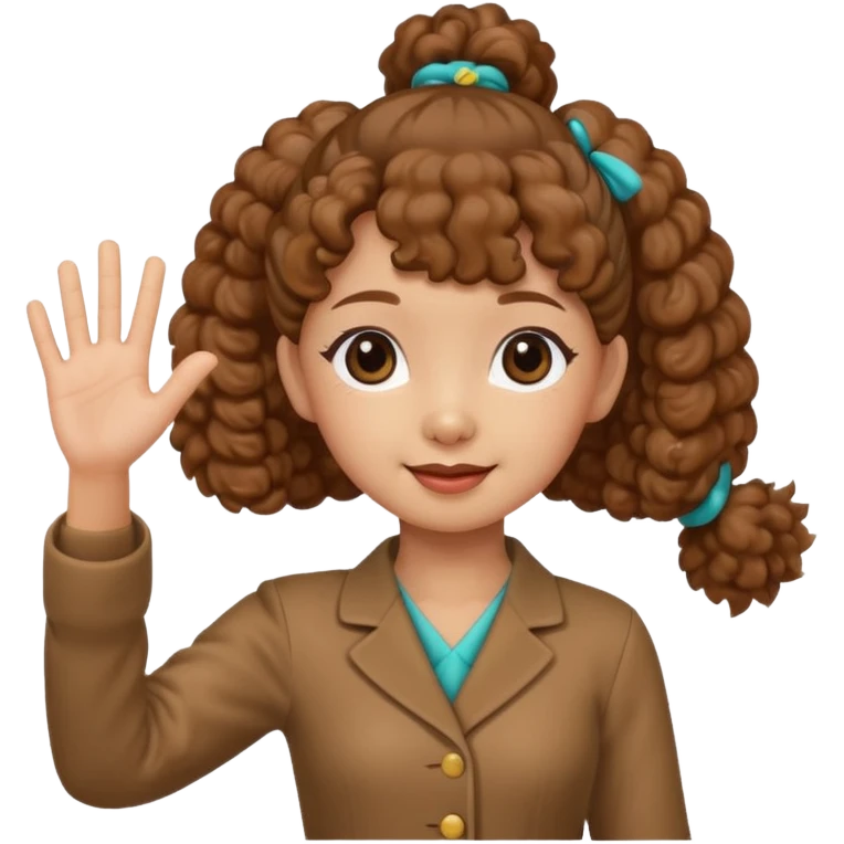 Brown mini poodle with Asia ponytail girl waving hand emoji