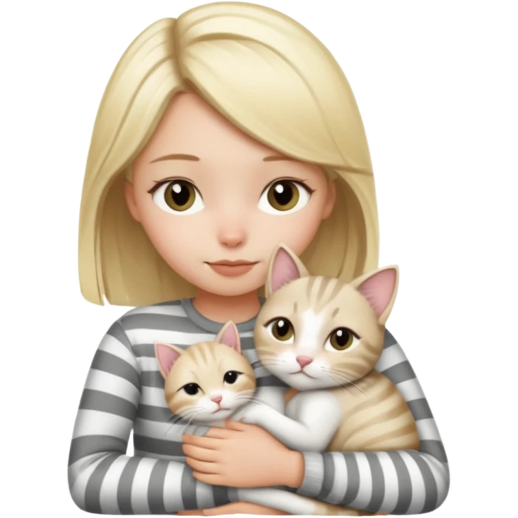 Short hair Blonde girl snuggling white gray white striped cat emoji