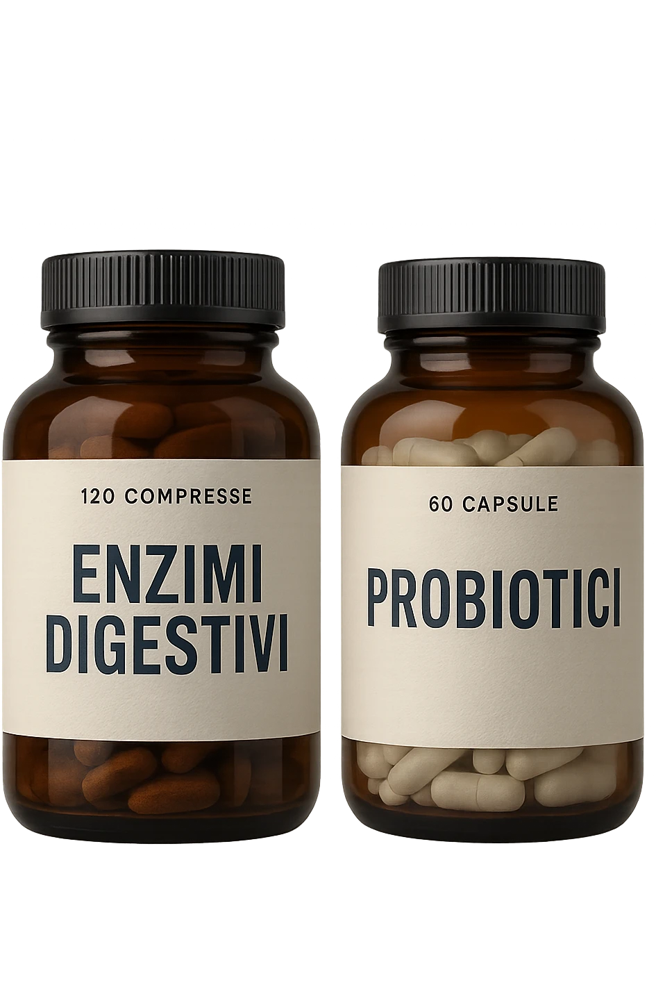 DUE BARATTOLI di integratore con la scritta "ENZIMI DIGESTIVI" E "PROBIOTICI", iperrealistico 4k emoji