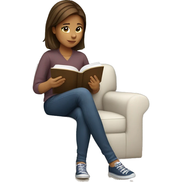 Girl with brown hair sitting on couch reading a book emoji
