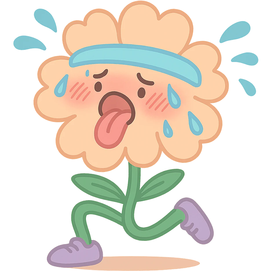 soft peach cosmos flower with a flushed, panting face doing exercise, sweat flying off in exaggerated style, gentle pastel palette, pastel-toon style emoji