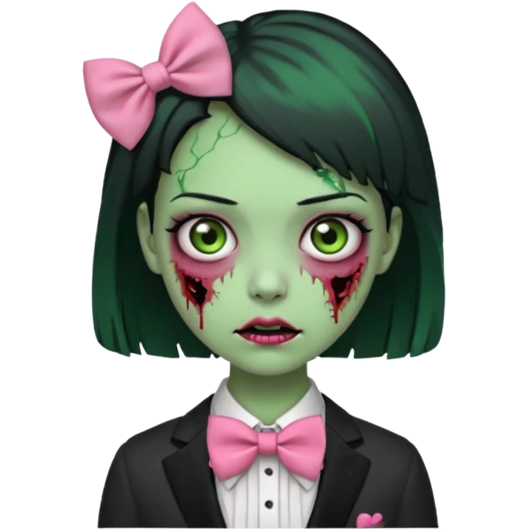 zombie green skin girl, black hair with pink bow tie emoji