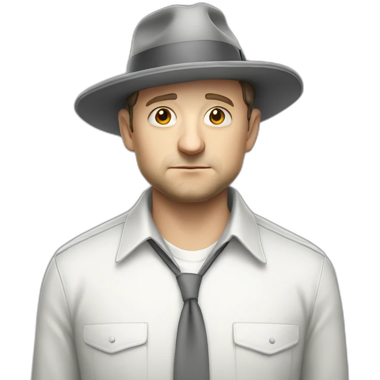 tim robinson wearing a grey fedora with a grey flap on the back white shirt looking sad emoji