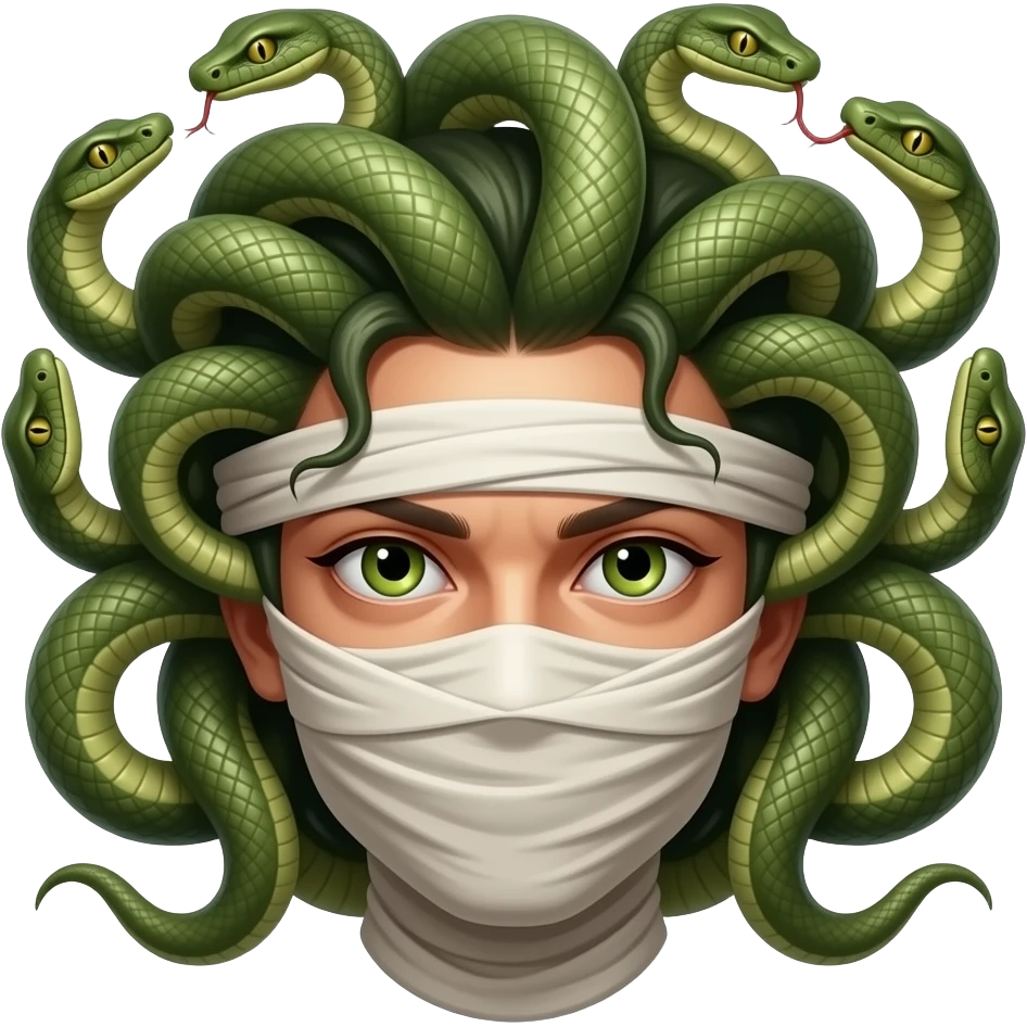 Medusa eyes tied with cloth and with a head full of scary snakes Eyes wrapped by piece of clothes. emoji