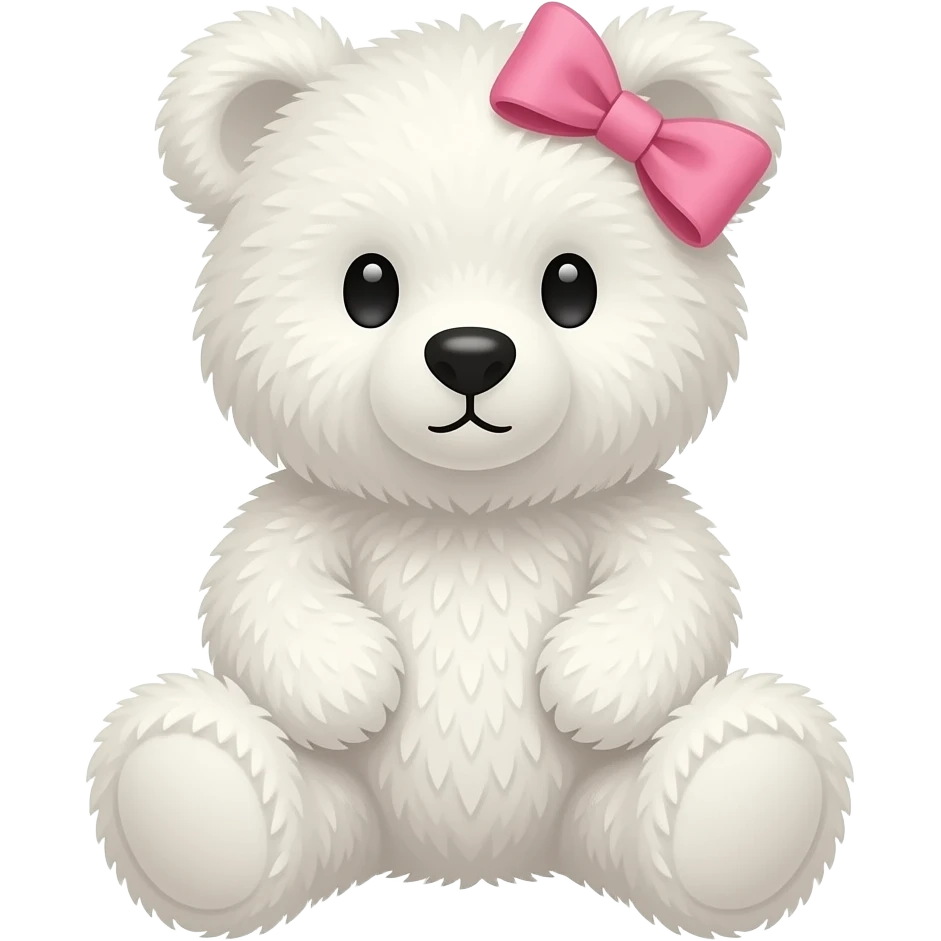 Um ursinho sentado,branco com pelinhos pelo corpo todo,com laço rosa bebe na cabeça emoji