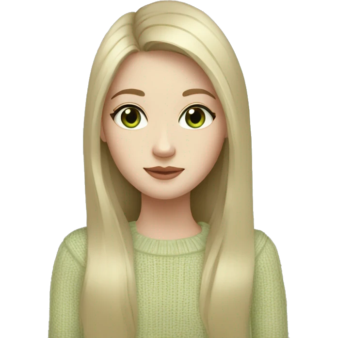 Girl with black straight long hair pale skin light green eyes and beige sweater  emoji