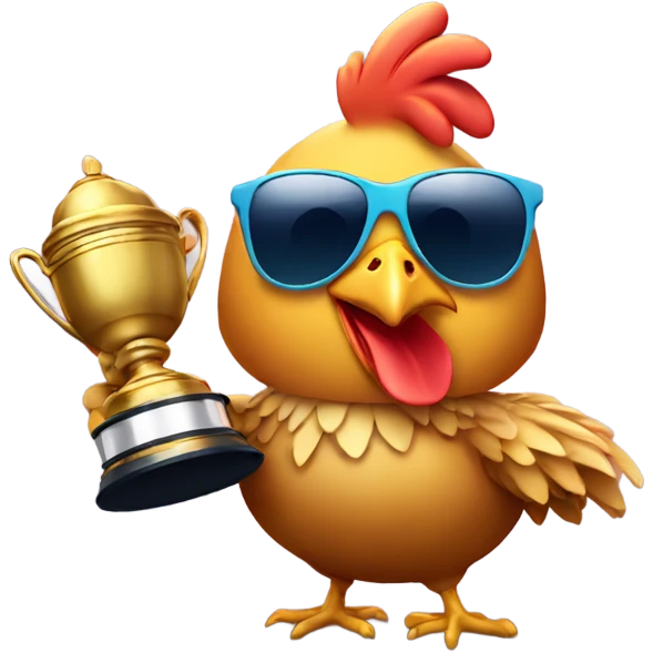 Chicken wearing sunglasses holding a trophy emoji