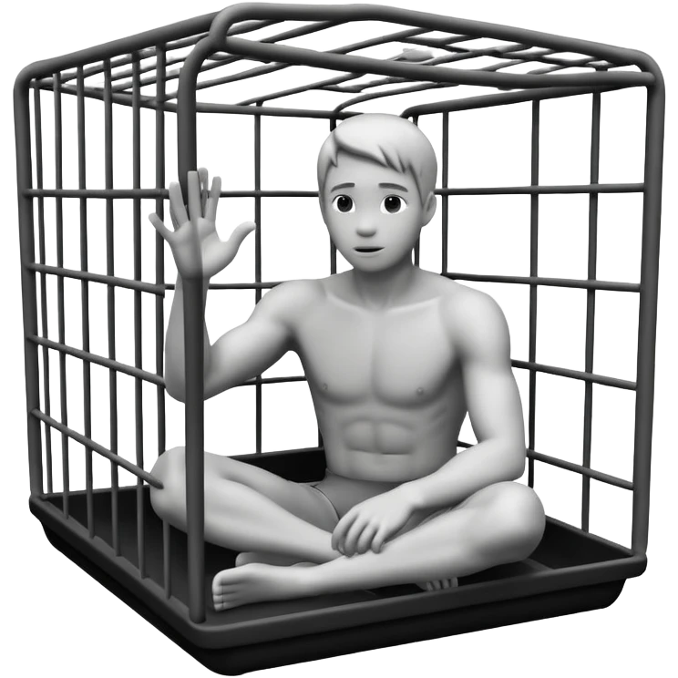 Human sitting in a cage reaching out in black and white emoji