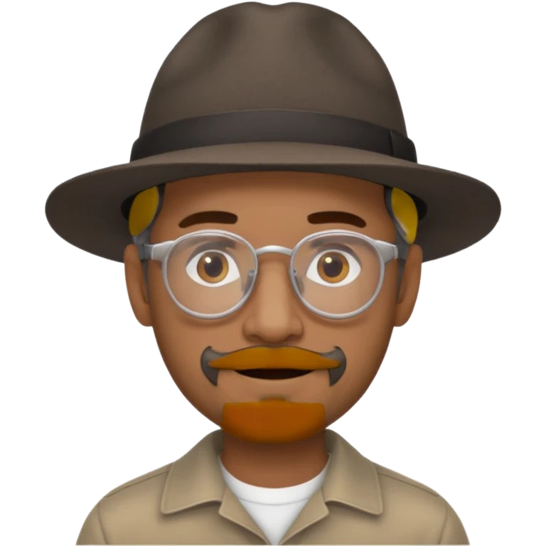 Brown man with wide rimmed hat no hair, but gray goatee, clear glasses and slightly smiling emoji