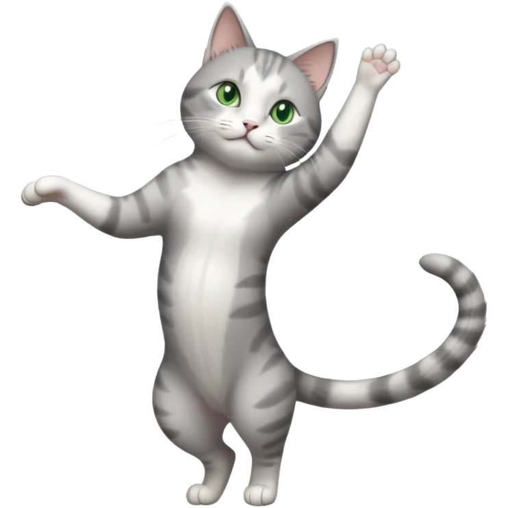 grey and white cat with green eyes doing a big extremely long stretch reaching up into the air with arms and legs side by side together straight and overextended whilst lying on its side emoji