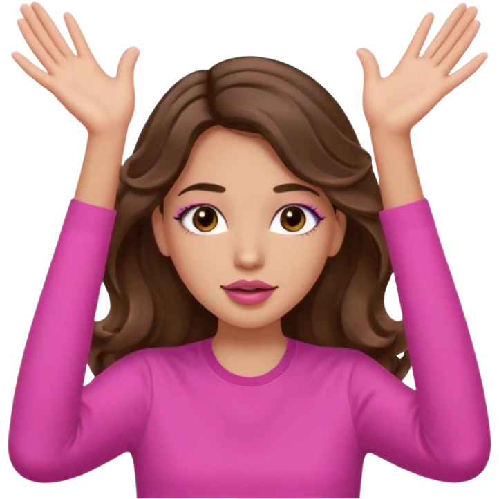 girl with long wavy brown hair, brown eyes, light to medium complexion, in a pink shirt, pink lips, long lashes, puckered lips, both hands in teh air emoji