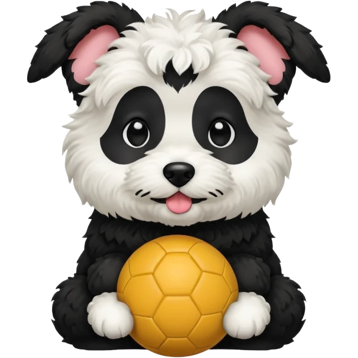 Havapoo dog one half of its face black the other white with black ears sitting down with ball in its mouth  emoji