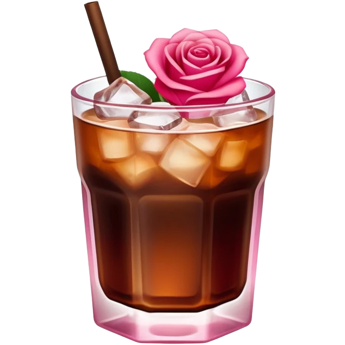 Cold brew coffee with mini roses pink red and small size mini glas cup with ice cubs emoji