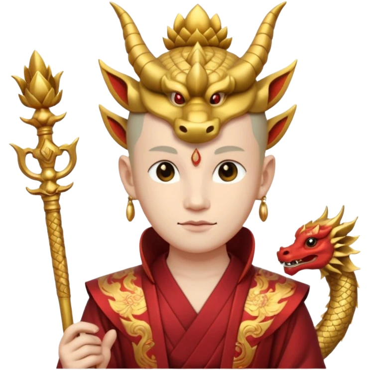 man with asian dragon head, scepter, buddhism, lotus emoji