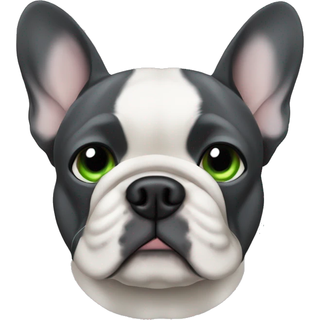 Male French Bulldog, dark grey, green eyes and one ear is floppy. emoji