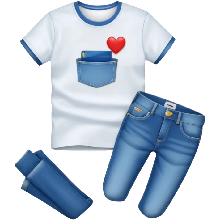 A 3D cartoon casual T-shirt and jeans outfit arranged on flat surface, bright lighting, Memoji-style realism. emoji