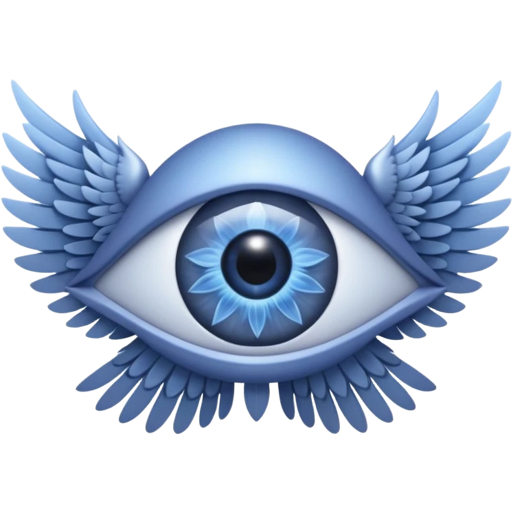 eye with six wings, A non-humanoid emoji in iOS style, shaped like a symmetrical star of six gray feathered wings, no human face, no head, no mouth or nose, only a single large eye in the center, surreal and celestial, resembling a biblical seraphim emoji