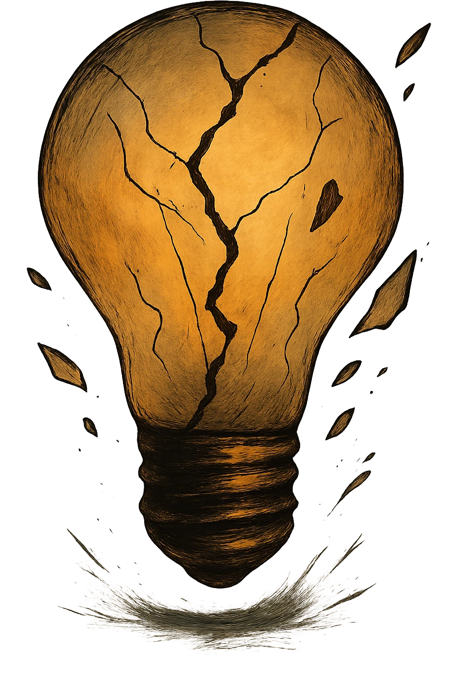 Create a stylized lightbulb with a large crack and pieces falling off, maintaining a transparent background. Emphasize the stylized crack and dynamic falling pieces in the composition. emoji