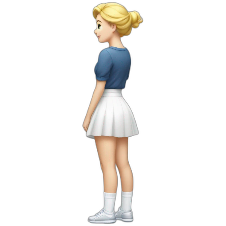 full body back view curvy caucasian beauty in small skirt lifted by the wind butt white socks emoji