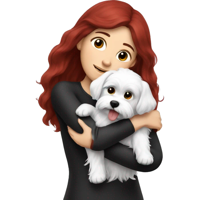 Dark-red-haired girl hugs  her maltese black dog emoji