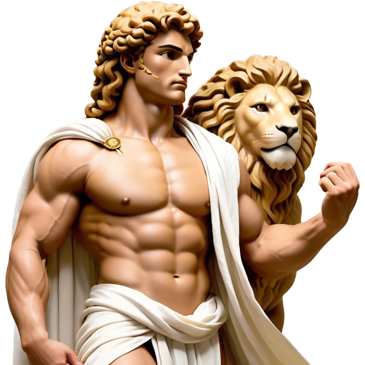 Cinematic Realistic Hercules Portrait, depicted as a classical Greek hero merging the fierce masculinity of the lion-wrestling Hercules with the refined face of Michelangelo's David. His light tan, chiseled skin glows with timeless strength, and his thick, curly, golden brown hair cascades in natural, sculpted curls reminiscent of a warrior’s mane. Draped in a flowing white robe with delicate golden accents and crowned with a traditional Greek laurel wreath, his intense, determined eyes exude noble might, all rendered under dynamic natural lighting with a mythic, radiant glow. emoji