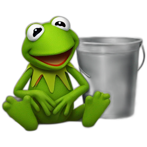 Sad Kermit, sitting on the ground against a wall, holding a bucket in his hands with tears flowing from his eyes into the bucket  emoji