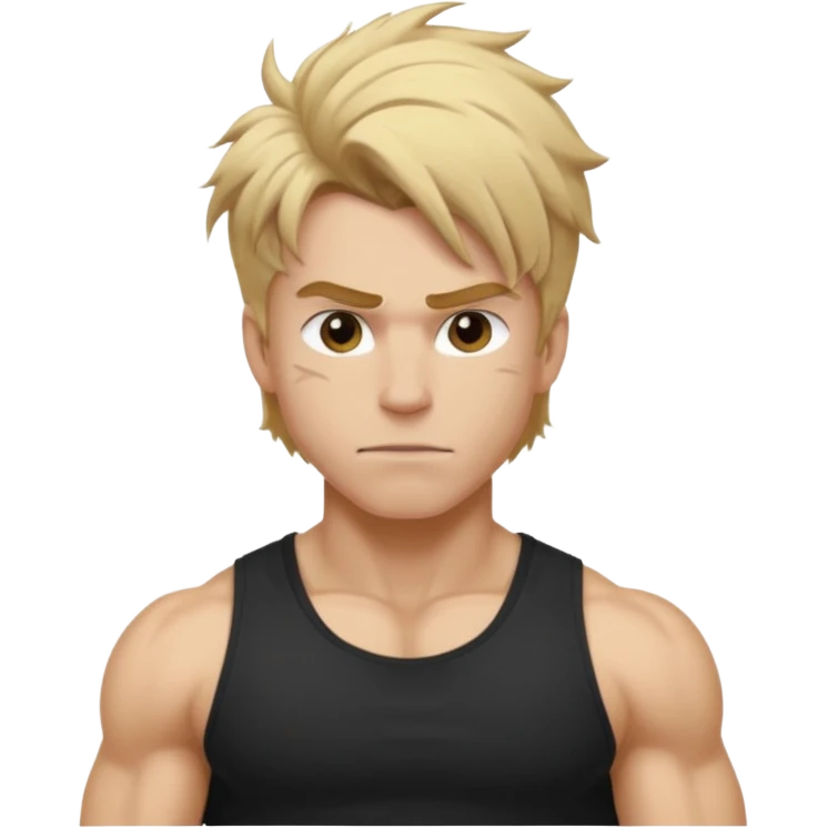 Gym rat with blond brown hair and black t shirt, and messy hair. And muscular emoji
